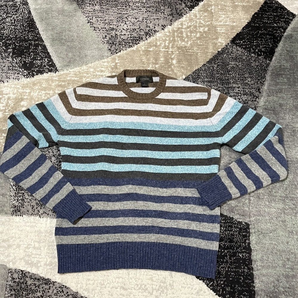 Express 100% Lambswool Sweater Men Small Blue Brown Striped Pullover Dad Crew